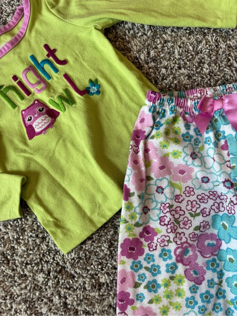 Gymboree Lime Green Owl Pajama Set with Pink Floral Pants